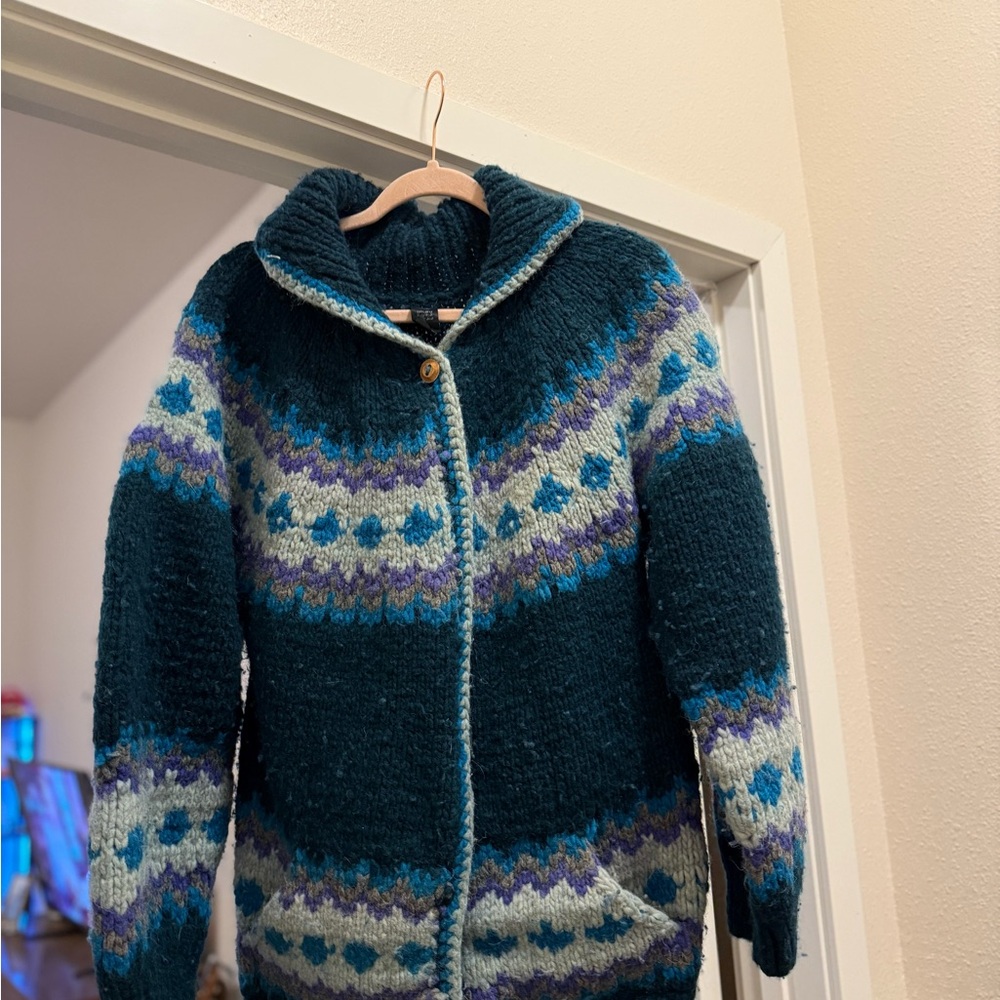 Teal Knit Cardigan with Blue and Cream Details